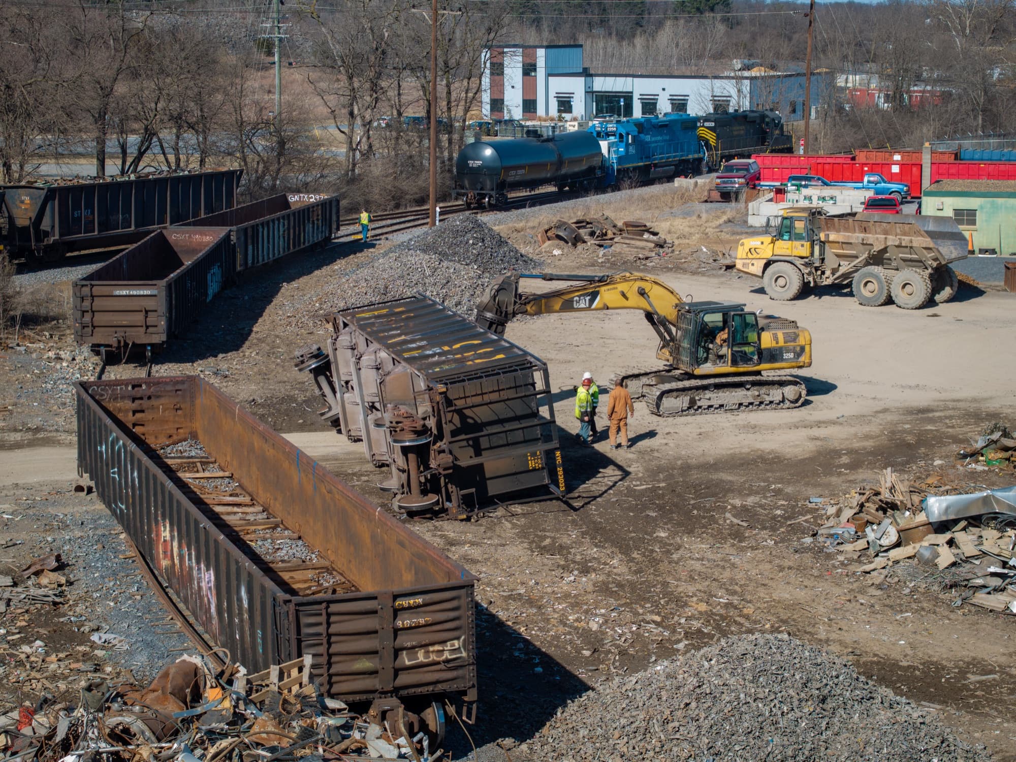 Rail cars and heavy equipment at the Hub Scrap Metals rail-served yard